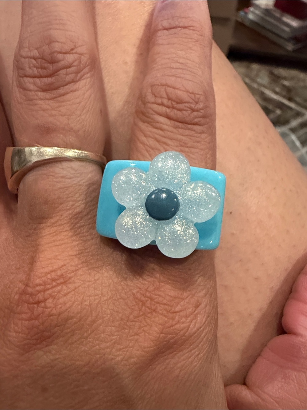 Sky Blue Floral Resin Statement Ring - Women's Jewelry